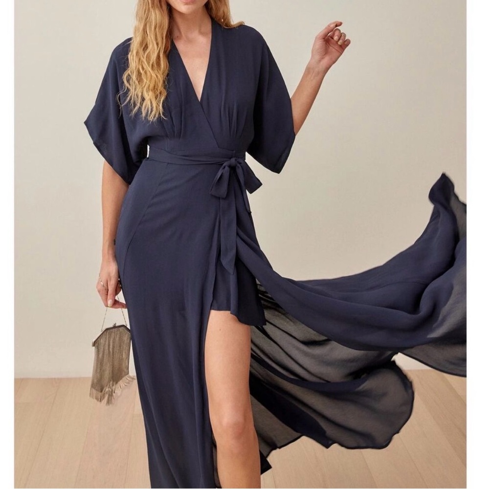 Reformation Navy Blue Wrap Maxi Dress